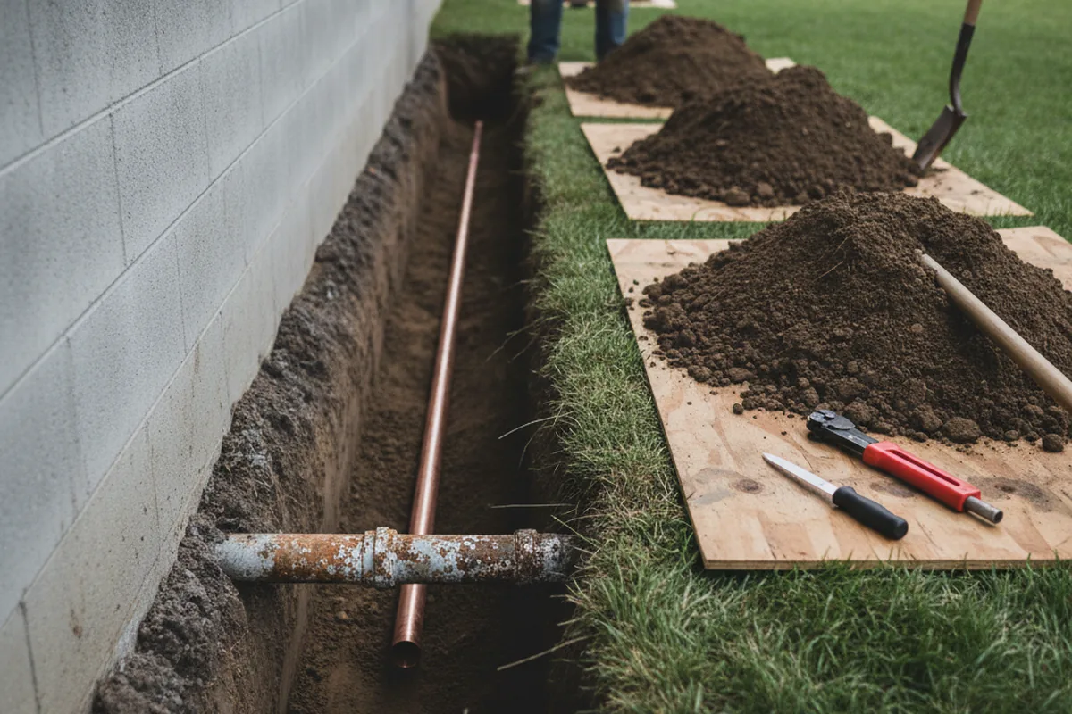Excavated water line trench during Water Softener Installation in Worcester